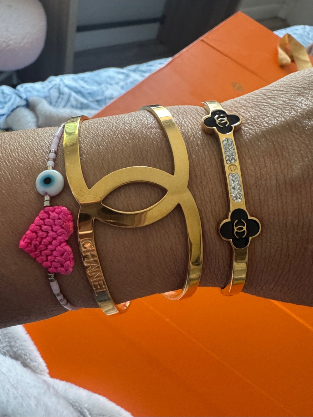 Gold Double Cuff Bracelet with Black Enamel Accents